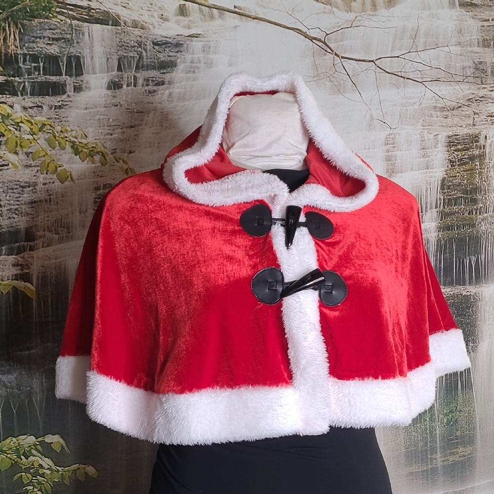 New XL Mrs Santa Claus Velvet Faux Fur Cape Shawl with Antlers on Hood